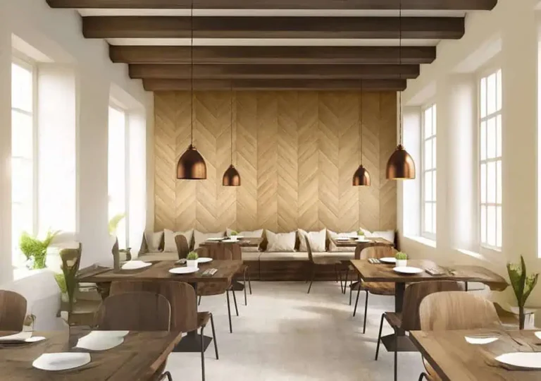 W stylowej restauracji ściana wykończona okleiną H50 Chevron Oak (Dąb w jodełkę) staje się centralnym elementem aranżacji. Ciepły, miodowy odcień i elegancki układ jodełki wprowadzają harmonię i przyjemny nastrój. To folia drewniana w kolorze naturalnego dębu, idealna do wnętrz komercyjnych i domowych.